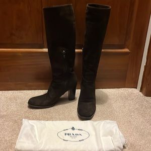 Prada brown suede tall boots with block heel